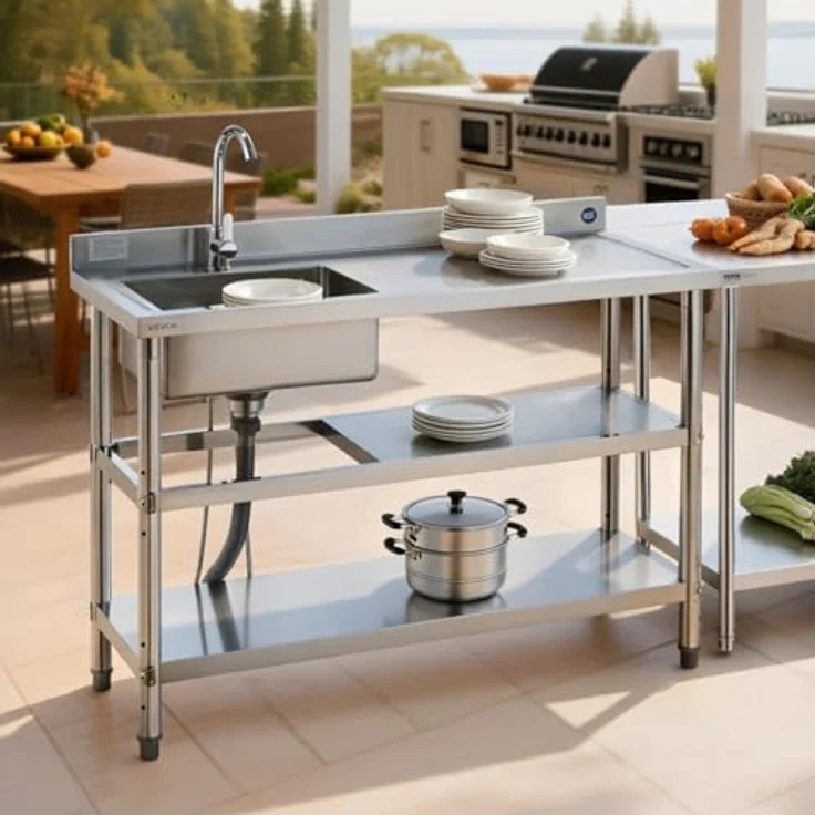 VEVOR Edelstahl Spültisch (120 x 50 x 94 cm) mit 360° Wasserhahn, 2 Ablagefächern und verstellbaren Füßen für Küche, Garage und Restaurant – Bild 8