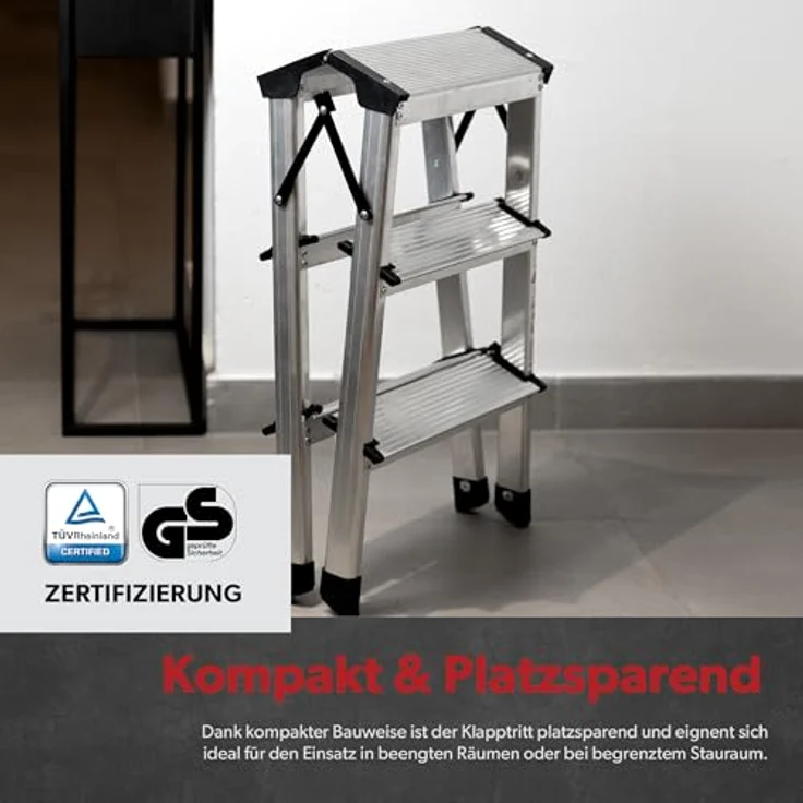 siwitec Alumium-Klapptritt 3 Stufen | Kleine Trittleiter | rutschfeste Standfüße | 150 kg Traglast | Geriffelte Stufen | Platzsparend | Klappleiter – Bild 5