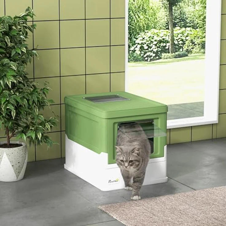PawHut Katzentoilette Katzenklo mit Deckel Katzenhaus Desodorierungsbox, Kunststoff, Weiß+Grün, geräumig und kompakt, 47,5 x 35,5 x 36,7 cm – Bild 2