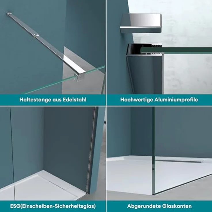 Mai & Mai Duschwand Bremen2K, Duschabtrennung 50x200cm aus 10mm ESG-Sicherheitsglas mit NANO-Beschichtung, inkl. Stabilisator BRAM3 – Bild 5