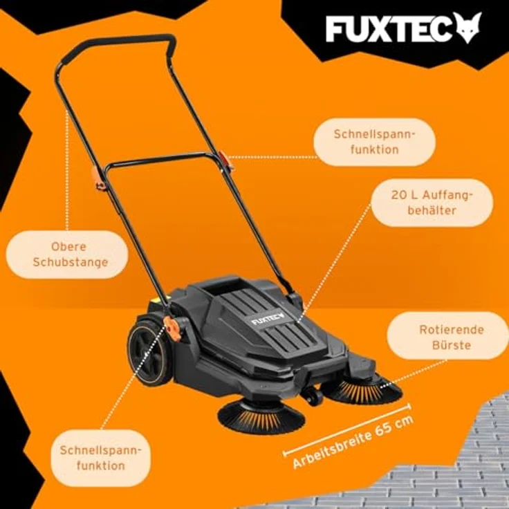 FUXTEC Handkehrmaschine FX-HK65, Kehrgerät für Außenbereiche, 650 mm Arbeitsbreite, 20 L Behälter, ergonomisches Design, Flächenleistung bis 2000 m² – Bild 5