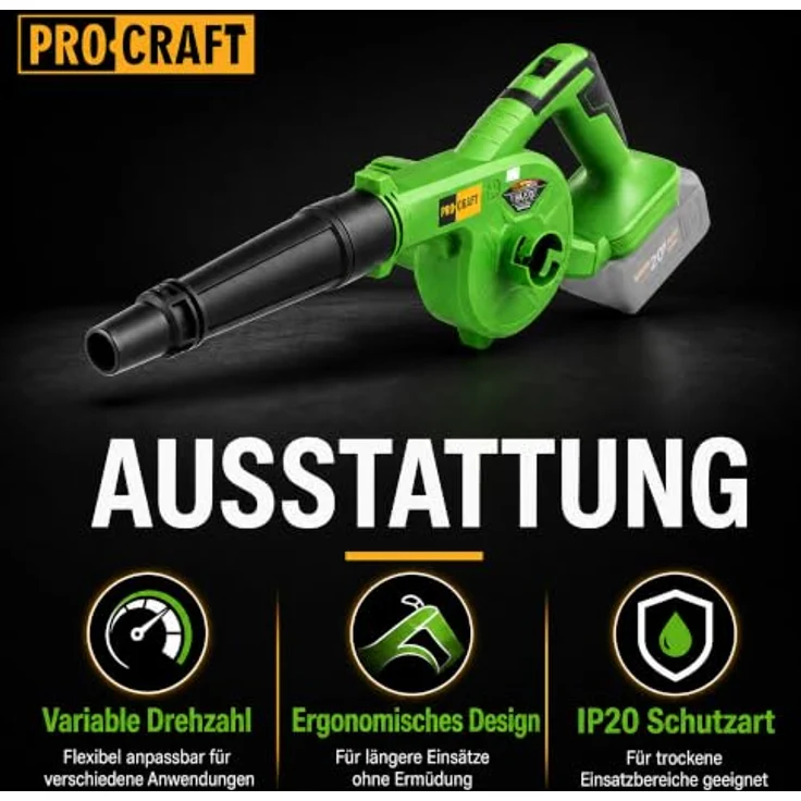 Procraft PB22bb, Akku Laubbläser 20 V Solo, leicht und mobil, maximal 68 km/h Luftgeschwindigkeit, ohne Akku und Ladegerät – Bild 2