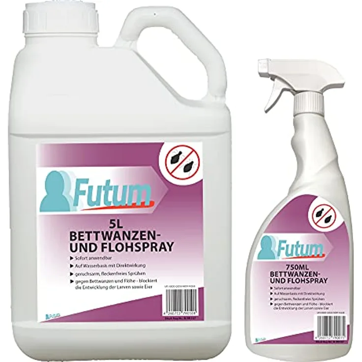 Futum 5L + 750ml Bettwanzen Spray, Flohspray, hochwirksames Bettwanzen Mittel auf Wasserbasis, fleckenfrei, geruchsarm, ohne ätzende Eigenschaften und Treibgase, mit Schnell- und Langzeitwirkung