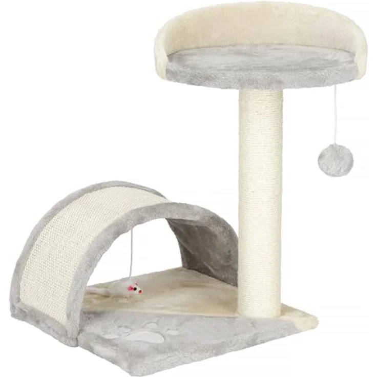 SPRINGOS Kratzbaum Plattform mit Spielball, Spielmaus und Brücke, grau-creme, 47 cm – Bild 1