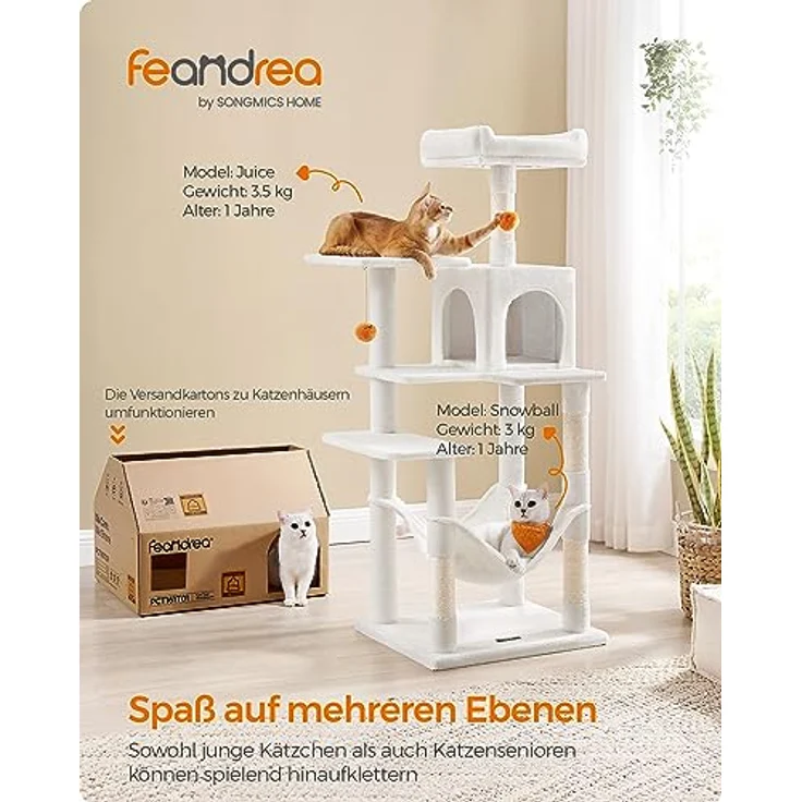 Feandrea Katzenbaum, 143 cm, mehrstöckiges Katzenhaus mit 4 Kratzsäulen, 2 Plattformen, Hängematte, Höhle, cremeweiß PCT161T01 – Bild 3