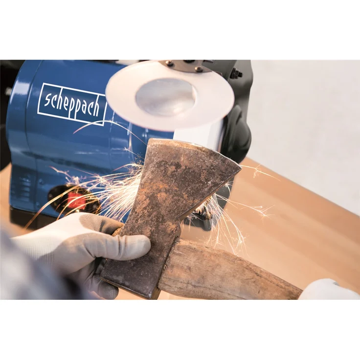 Scheppach Profi Doppelschleifer BG200AL mit Induktionsmotor und Arbeitslampe | 230V 550W - Ø200 mm Stein | K60 / K100 | Funkenschutz | Werkstückauflage & Schleifsteinabrichter | int. Wasserbehälter – Bild 2