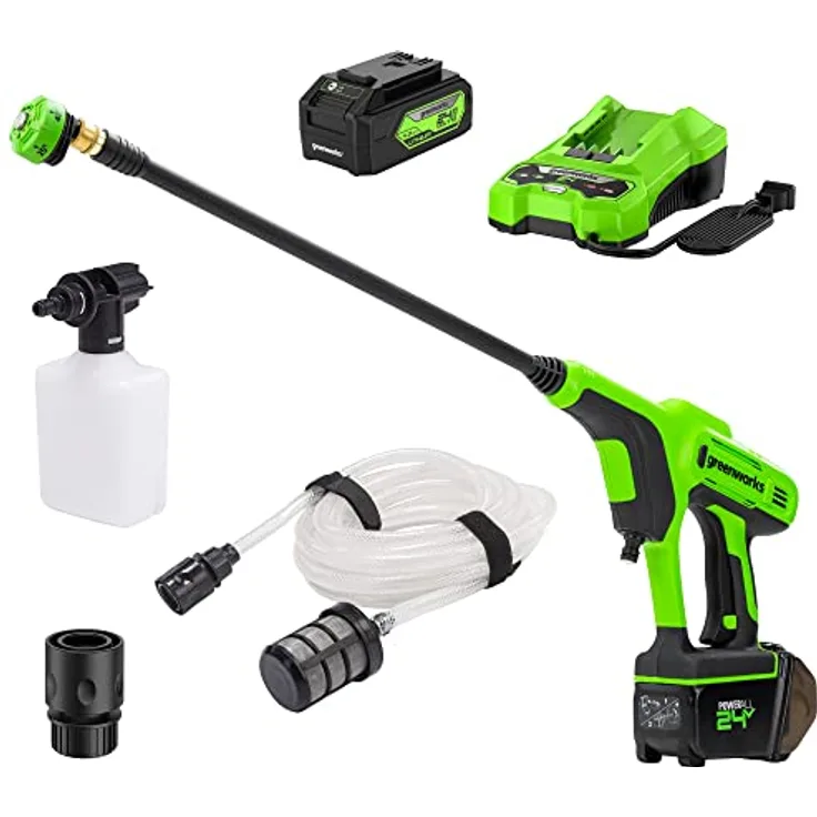 Greenworks Akku-Druckreiniger G24PWK4 (Li-Ion 24V 300 Watt Motorleistung 24 bar Druck 180 l/h Durchflussmenge 5-Fach Düse 6m Schlauch mit 4Ah Akku und Ladegerät)