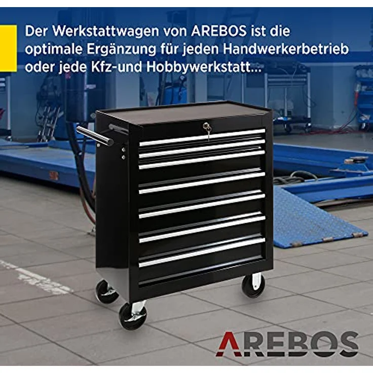 Werkstattwagen Werkzeugwagen Rollwagen Toolbox 7 Schubladen kugelgelagert - Schwarz - Arebos – Bild 2