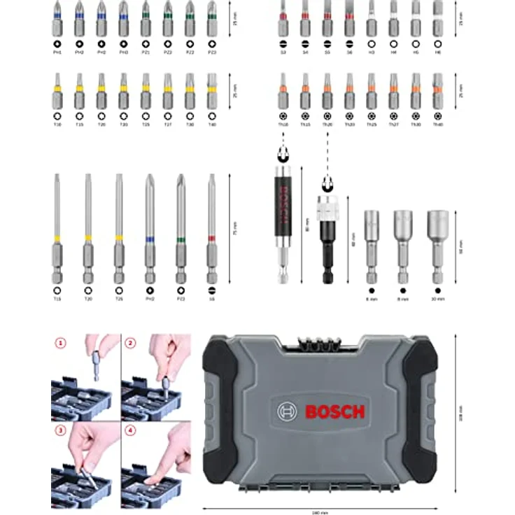 Bosch Professional Bit- und Steckschlüssel-Set 43-teilig, Schlitz, Kreuzschlitz Phillips, Kreuzschlitz Pozidriv, Innen-Sechskant, inkl. Schnellwechseluniversalhalter – Bild 6