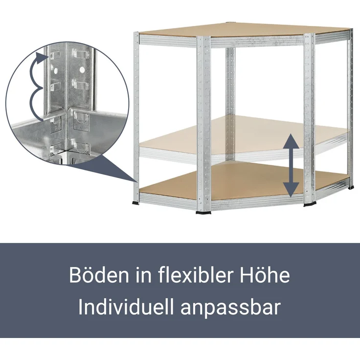 3er Metall Regalsystem Easy | 1 Eckregal & 2 Lagerregale | 12 MDF Holz Böden | 960 kg | verzinkt | Stecksystem | Schwerlastregal Steckregal | Juskys – Bild 5