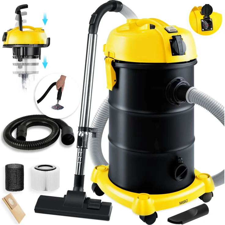 MASKO 6IN1 Industriestaubsauger Staubsauger Nass Trocken Sauger Aschesauger 2300W + Steckdose   Blasfunktion   Trocken-Saugen & Nass-Saugen   Industrie-Sauger mit & ohne Beutel   beutellos Gelb