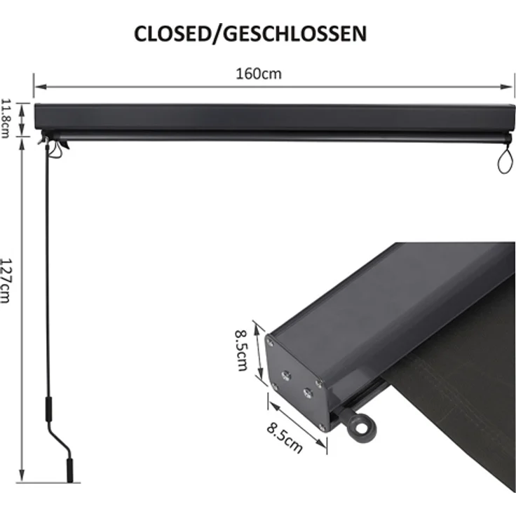 Senkrechtmarkise 160x250 cm Markise Seitenmarkise Anthrazit Windschutz Sonnenschutz Seitenrollo Terrassendach Balkonmarkise Schutz – Bild 5