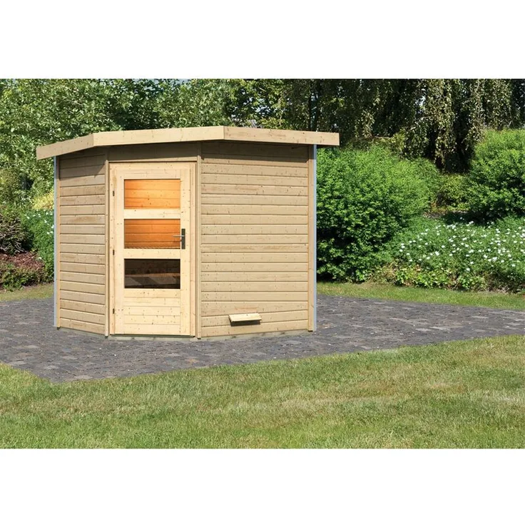 Karibu Saunahaus Mikka mit moderner Tür naturbelassen