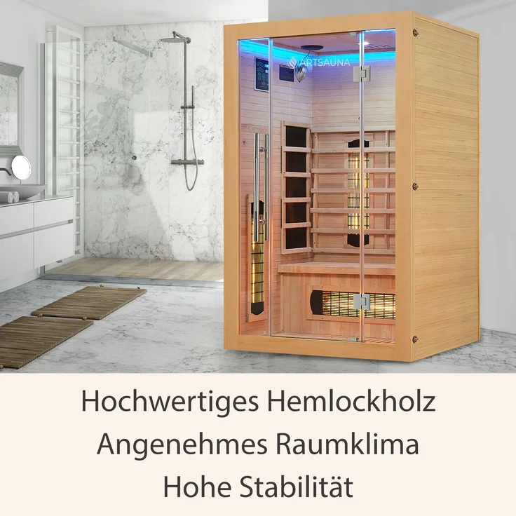 Artsauna Infrarotkabine Kiruna120 Dual Technologie – 5 Vollspektrumstrahler & 3 Flächenstrahler – 2 Personen – LED Farblicht – Radio - Hemlock-Holz, 120 x 105 x 190 cm – Bild 5