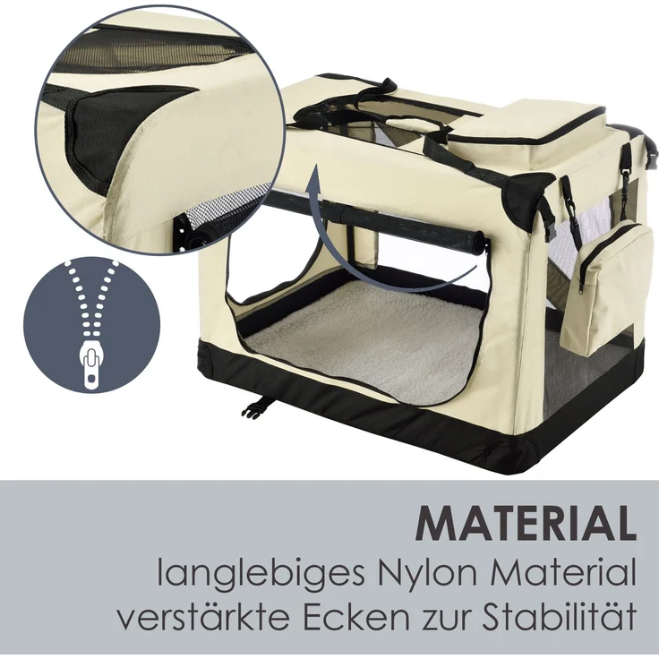 Juskys Hundetransportbox Lassie S (beige) faltbar - 34 x 50 x 36 cm - Hundetasche mit Decke, Tasche & Griffen – Stoff Transportbox für Hunde – Bild 8