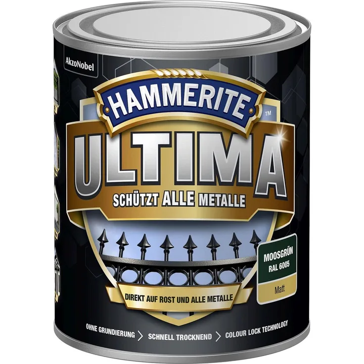 Hammerite Ultima Metall Schutzlack für alle Metalle, direkt auf Rost Matt RAL6005 Moosgrün 750ml
