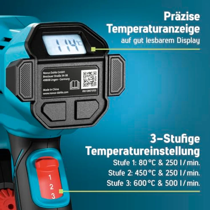 NOVUS TOOLS Heißluftpistole H-250, 80–600°C, Keramikheizung, LCD-Display, ergonomisches Design – Bild 3