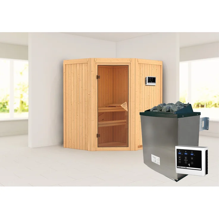Karibu Sauna Taurin: 9 kW Finnisch Ofen + Steuergerät Easy Finnisch, Bronzierte Ganzglastür
