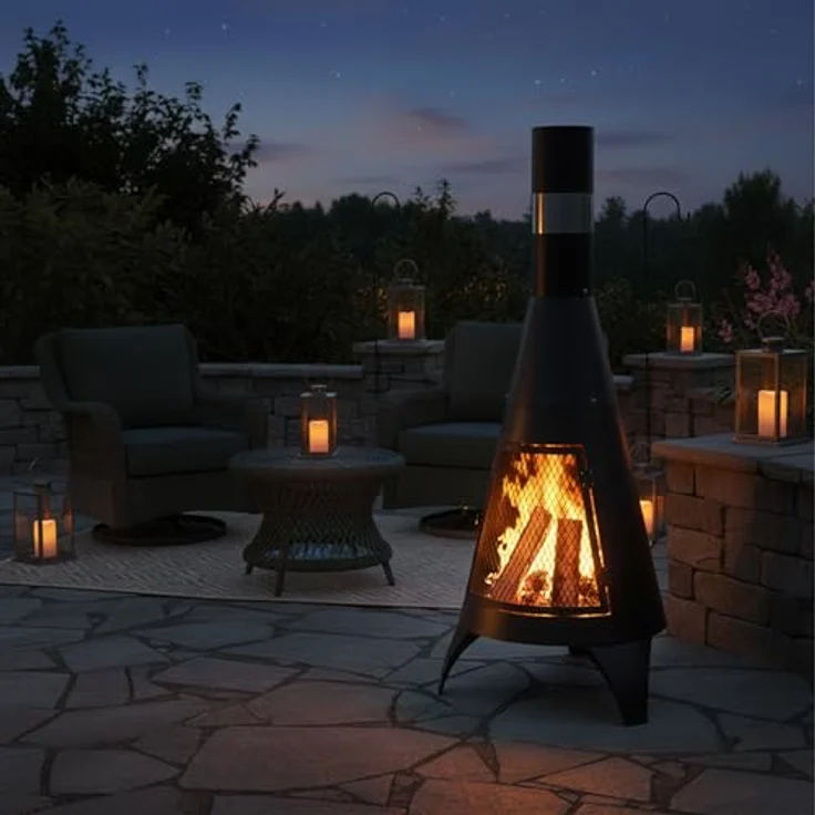 Relaxdays Terrassenofen mit Funkenschutz Tür, dekorative Feuerstelle für Holz, Gartenofen, HxD: 120x45cm, Stahl, schwarz – Bild 3