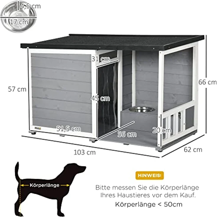 PawHut Hundehütte aus Holz, Hundehaus mit 2 Schüsseln, Terrasse, Outdoor Hundehaus Kleintierhaus für kleine Hunde mit Asphaltdach, für Draußen, Wetterbeständig, Grau, 103 x 62 x 60-66 cm – Bild 3