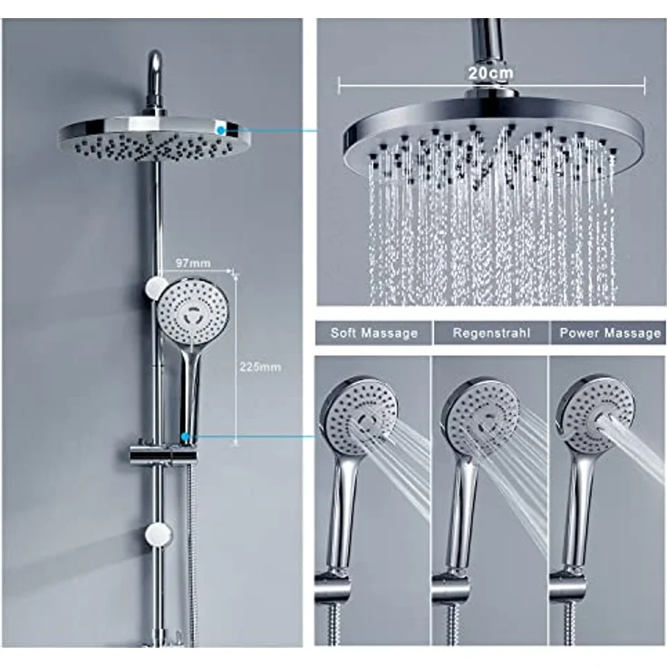 JOHO Edelstahl Duschsystem mit Regendusche, 20 cm Chrom, ohne Armatur, ABS, inklusive XL-Handbrause und verstellbarer Wandhalterung – Bild 3