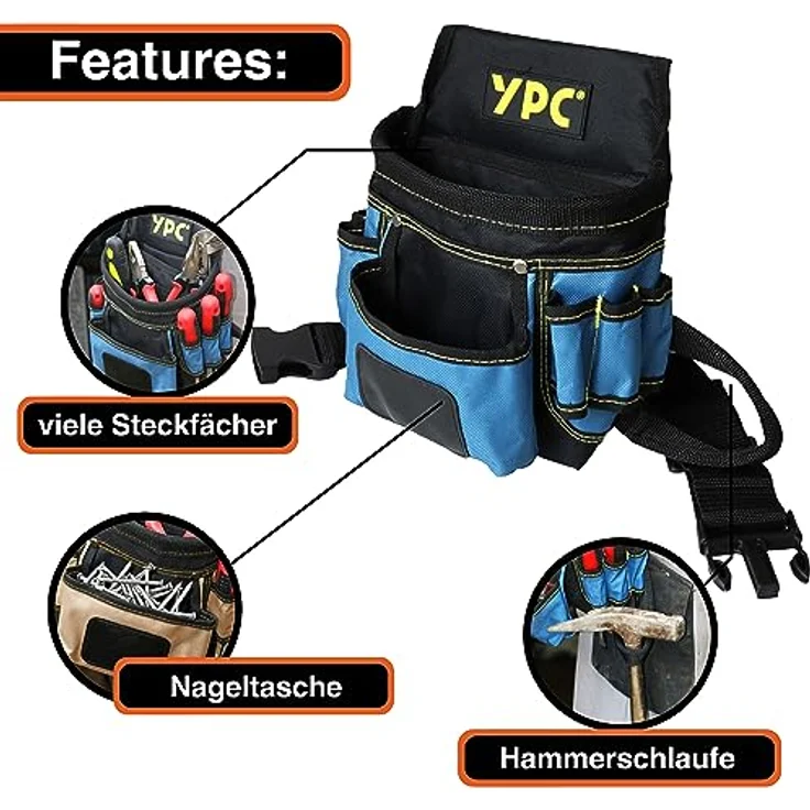 YPC Presto Werkzeug Gürteltasche XL – Wasserfeste Werkzeugtasche mit Hammerschlaufe, 12 Taschen, reißfester Nylongürtel, Blau-Schwarz, 27x21x13cm, 5 kg Tragkraft – Bild 5