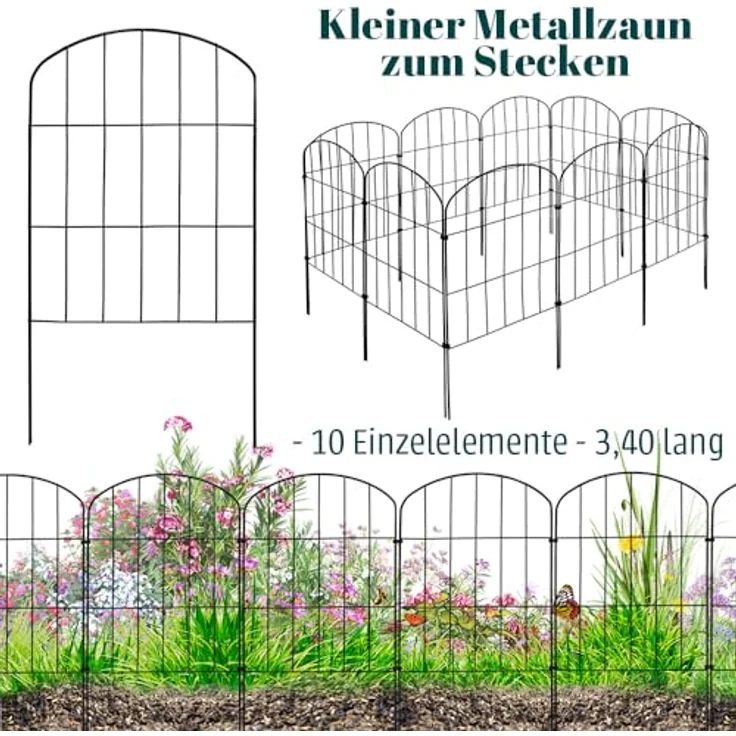 V2Aox Steckzaun Gartenzaun, 10 Elemente 43 cm hoch, flexibler Metall Gitterzaun mit Oberbogen, schwarz – Bild 2