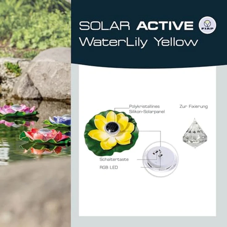 FIAP SOLAR ACTIVE WaterLily WHITE, schwimmende Seerose mit Solarbeleuchtung und Akkubatterie, Teichbeleuchtung in weiß, leuchtet in 7 Farben, Ø 280 mm – Bild 3