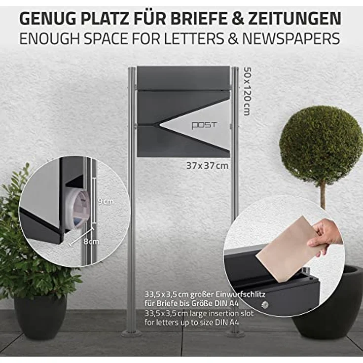 ECD Germany Standbriefkasten mit Zeitungsfach, Design Briefkasten mit Pfosten, Briefkastenanlage, Briefkastenständer Silber 120 cm Edelstahl, Postkasten Anthrazit-Silber Edelstahl pulverbeschichtet – Bild 4