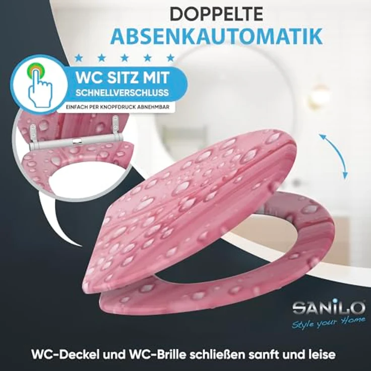 Sanilo WC Sitz Pink Flower, Toilettendeckel mit Absenkautomatik aus hochwertigem Holz, antibakterielle Oberfläche, für alle gängigen WC-Becken – Bild 3