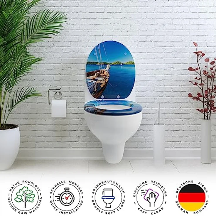 Sanfino WC Sitz Boat Toilettendeckel aus Holz, blau mit Absenkautomatik und verchromten Metallscharniere – Bild 4
