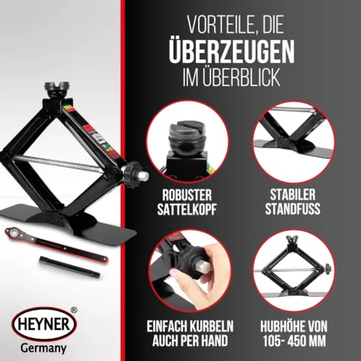 HEYNER® Scherenwagenheber MultiLift L PRO 2 t für VW ID.7 Gen 1 (2023–) – runder Sattel, 360° Gummiauflage, Hub 125–470 mm, 17 mm Ratsche, Standfuß 30×8 cm, bis −50 °C – Bild 9