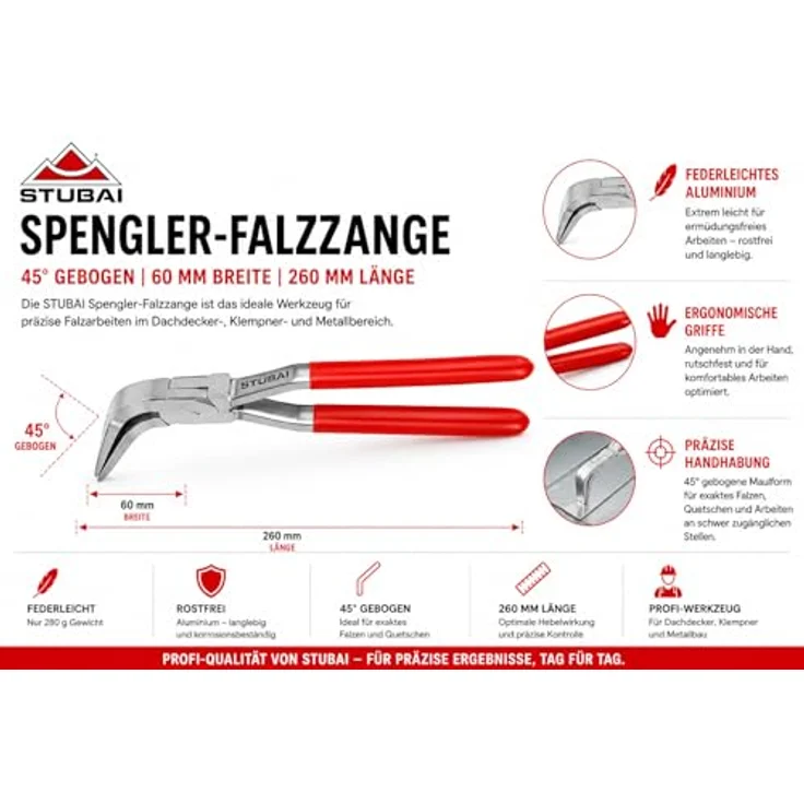 STUBAI Spengler-Falzzange 45° gebogen 60 mm | Aluminium, rostfrei, ergonomisch | Profi-Werkzeug für Dachdecker & Metallbau, 260 mm Länge, 280 g leicht – Bild 4