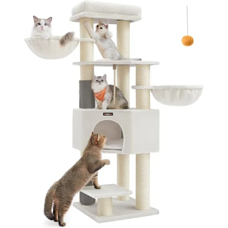Feandrea Kratzbaum mit selbstwärmenden Decken, für große Katze, 2 Katzenbürsten, 11,1 cm dicke Stämme, große Plattformen, Höhle, 50 x 50 x 160 cm, cremeweiß-beige