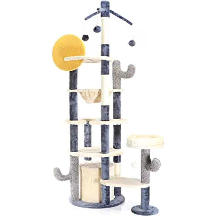 Fudajo Kratzbaum im Kaktusdesign Dunkelgrau 172 cm, Katzenkratzbaum mit Katzenhaus u. Liegemulde, Katzenbaum mit Sisal, Katzenmöbel mit Spielbälle – Bild 3