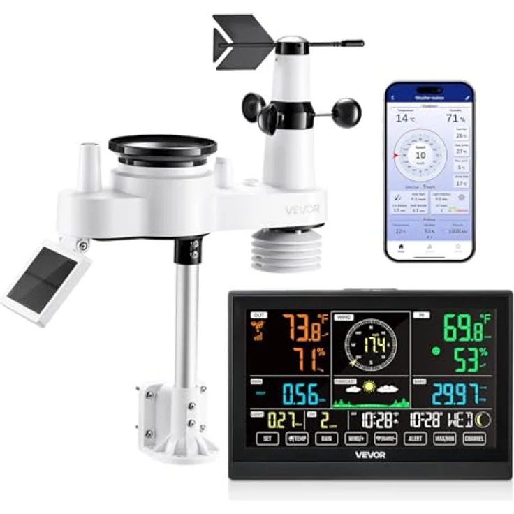 VEVOR 7-in-1 WLAN-Wetterstation mit 7,5-Zoll-VA-Display, solarbetriebenem Außensensor, Wettervorhersage, Windgeschwindigkeit, Temperatur- und Luftfeuchtigkeitsmessung, Niederschlag – Bild 1