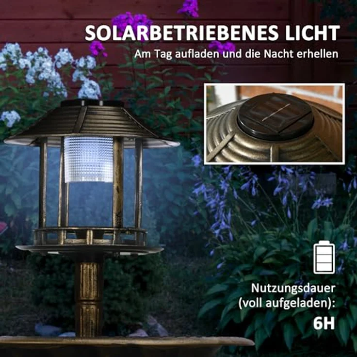 Outsunny Vogeltränke mit Solarleuchte, 110 cm Höhe Vogelbad, Vogelfutterspender, Vogelbecken mit Blumensockel, Wildvogeltränke für Garten, Balkon, Bronze – Bild 4