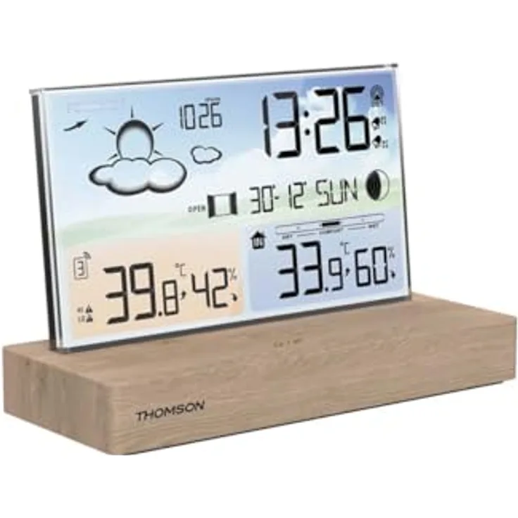 Thomson CT600 Wetterstation mit Wecker, kabelloses Thermometer, Wettervorhersage und zwei Wecker, Braun
