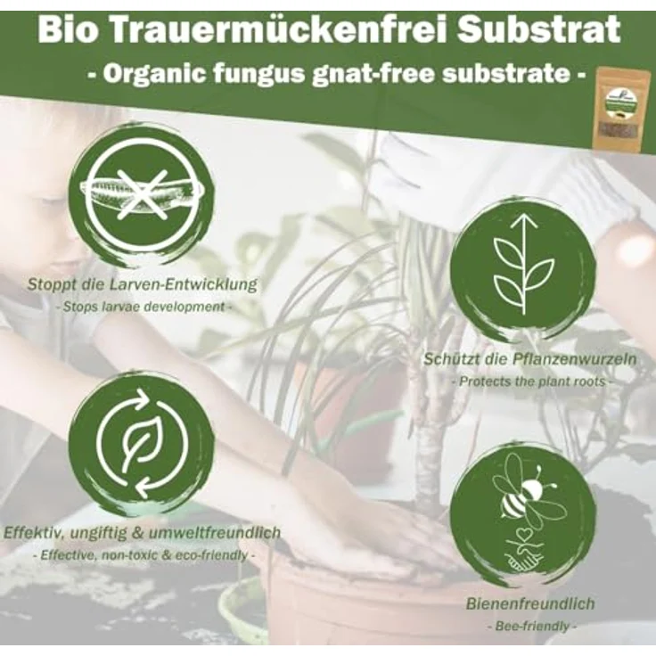 GreenPanda Bio Trauermückenfrei - Effektiv Larven in Erde & Trauermücken bekämpfen - 2in1 Mittel gegen Trauermücken - 2x 40g Anti-Larven Pulversubstrat + 50 Gelbsticker (Set-3tlg.) – Bild 3