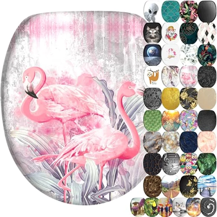Sanilo WC Sitz Flamingo 2, Toilettendeckel aus Holz mit Absenkautomatik, antibakterieller Oberfläche, 47x37,7 cm – Bild 1