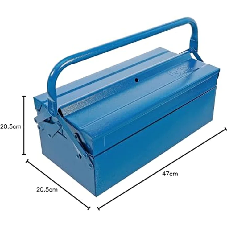 BGS TECHNIC Metall-Werkzeugkasten leer, 3 Fächer, hammerschlagblau, 420 x 200 x 150 mm, Stahlblech mit Vorhängeschlossbohrung – Bild 8