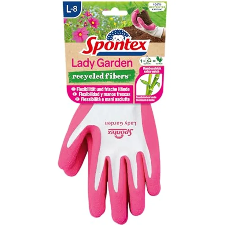 Spontex Lady Garden Gartenhandschuhe, extra weicher Strick aus Bambus-Viskosefasern und recyceltem PET, Größe L, 1 Paar, Farbe nicht frei wählbar