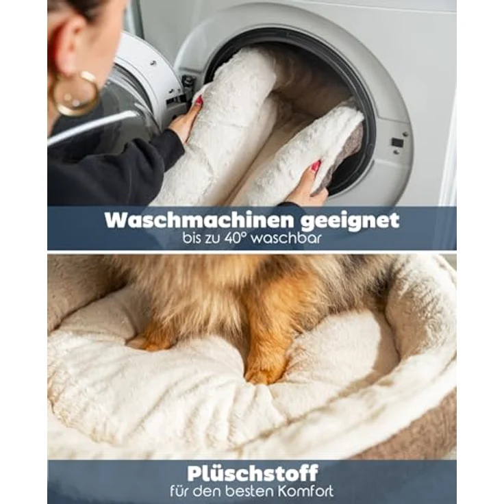 lionto Hundekörbchen rund in Donut-Form, Ø 65 cm, waschbarer Bezug, Anti-Rutsch-Noppen, kuscheliges Heimtierkissen aus Oxford-Leinen & Plüsch, braun – Bild 4