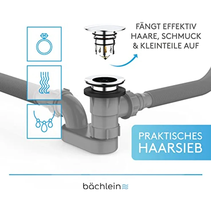 Bächlein Ablaufgarnitur Pop Up für die Badewanne, Pop Up Funktion inkl. Siebeinsatz für einen sauberen Wannenablauf, Komplettset inkl. flexiblem Überlauf, Überlaufblende & Siphon – Bild 3