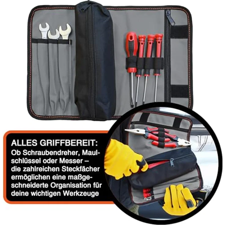 YPC VarioRoll M, rollbare Werkzeugtasche 36x25cm mit 2 Reißverschlusstaschen, 4 Steckfächern und 4 Schlaufen, wasserfestes Oxford 600D Polyester, ideal für Schraubendreher und Outdoor-Abenteuer – Bild 3