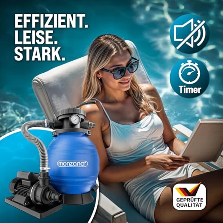 monzana Sandfilteranlage SF102K, 10.200 L/h für Pools bis 35.000 L, mit 25 L Filterkessel, Pumpe und 1 kg Filterbällen, schwarz/blau – Bild 6