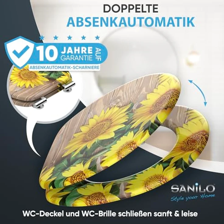 Sanilo WC Sitz Sunflower, Holz-Toilettendeckel mit Absenkautomatik und antibakterieller Oberfläche, 47 x 37,7 cm – Bild 3