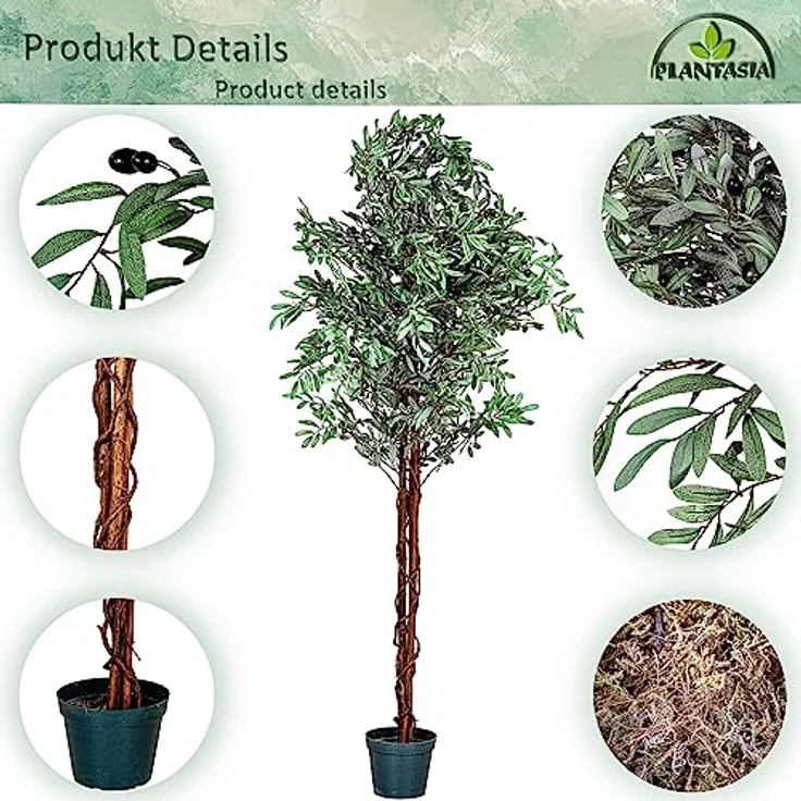 PLANTASIA Kunstpflanze Olivenbaum 180 cm, mit authentischem Stamm und 2256 Blättern und Früchten – Bild 5