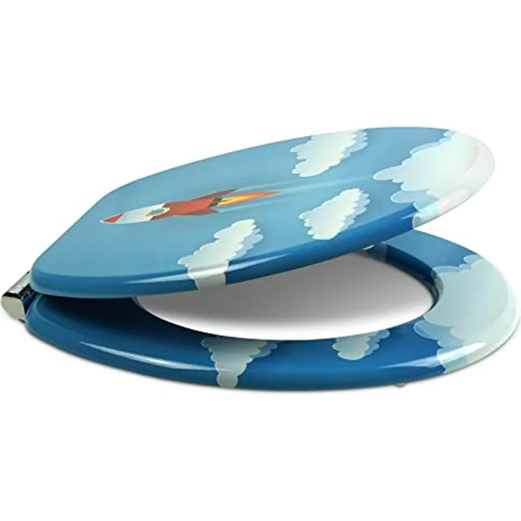 Sanfino WC Sitz Rocket, Toilettendeckel aus Holz mit Absenkautomatik und blauem Raketen-Motiv, 43,5 x 37,5 cm – Bild 2
