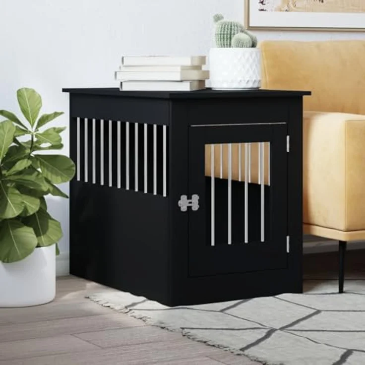 vidaXL Hundekäfig im Möbelstil, Abschließbar Hundebox mit Tür, Hundehütte Beistelltisch mit 2-in-1-Funktion, Hundehaus Haustierkäfig, Schwarz 55x80x68 cm Holzwerkstoff – Bild 2